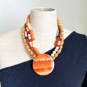 Multi-layer Beaded-Strands with Circular Gemstone Pendant Necklace